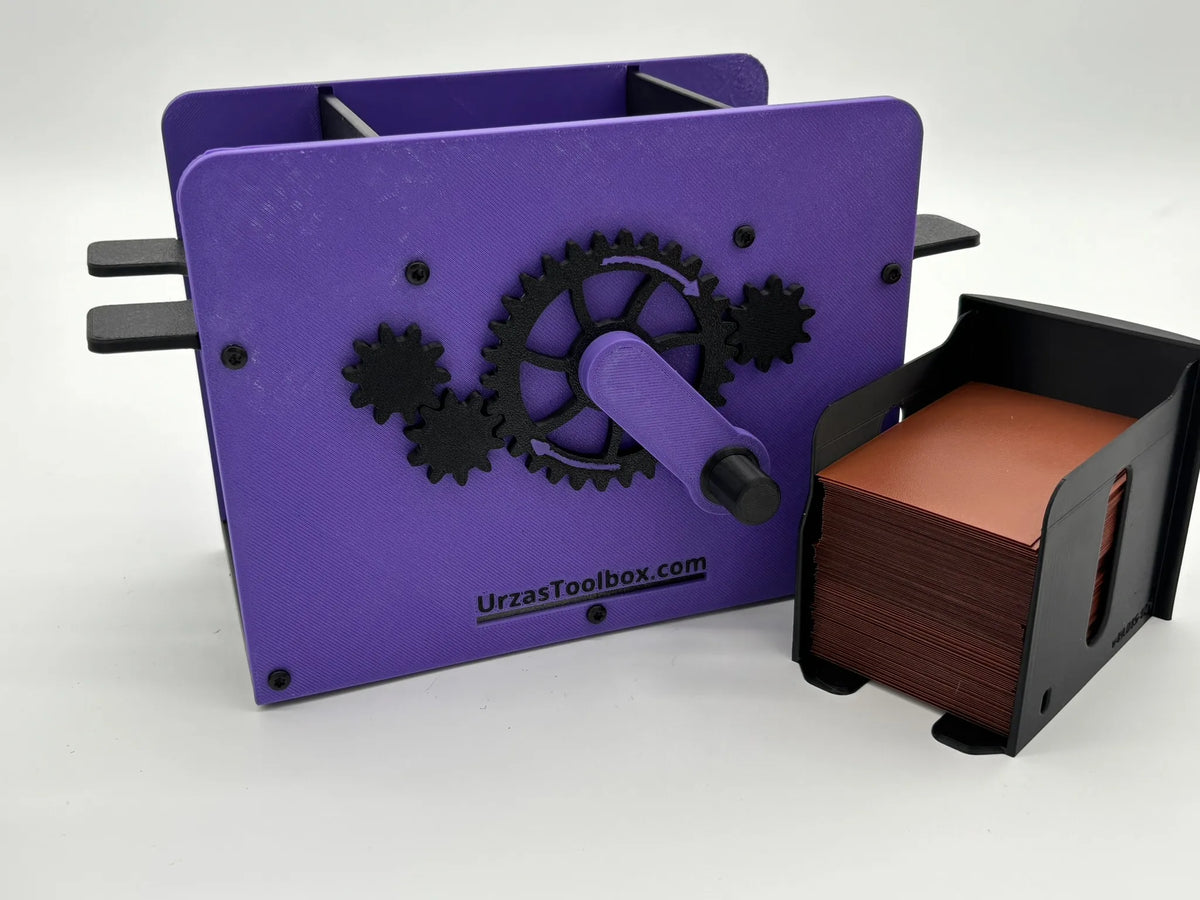 Mishra's Deck Box 2026 — Purple & Black XL hand-crank shuffler for sleeved cards, rear view